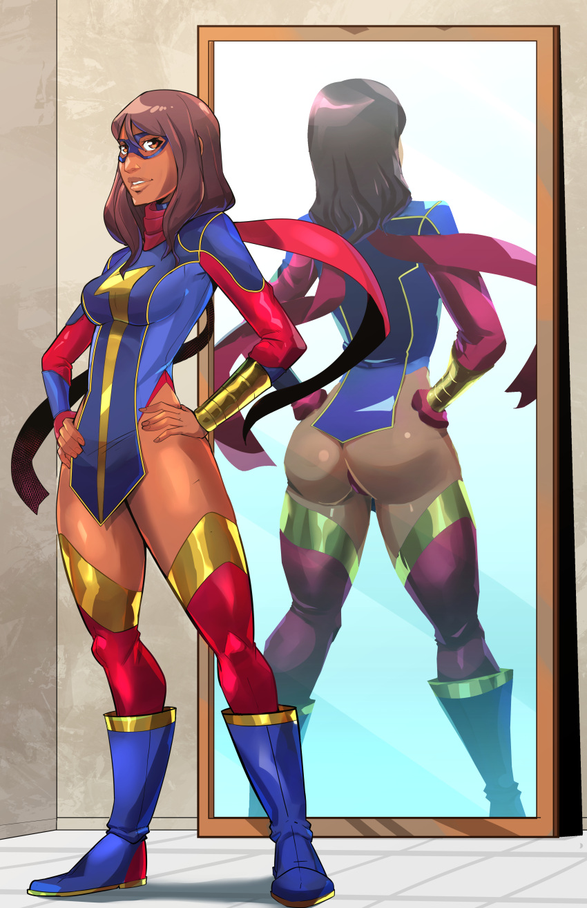 1girls ashmount asian asian_female ass bangle big_ass boots brown_eyes brown_hair commission costume dark-skinned_female dark_skin female female_only human human_only kamala_khan marvel marvel's_avengers_(game) mask mirror mirror_reflection ms._marvel ms._marvel_(kamala_khan) muslim muslim_female redesign reflection scarf smile smiling smiling_at_viewer solo solo_female straight_hair superhero_costume superheroine thick_ass thick_thighs thighs zukupow