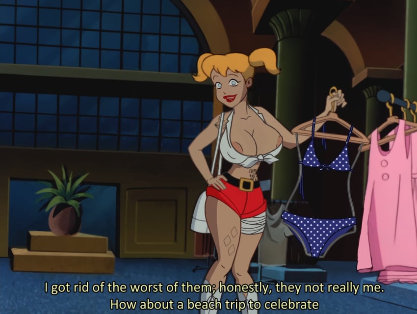 1girls accurate_art_style areolae batman:_the_animated_series batman_(series) big_breasts breasts_bigger_than_body breasts_bigger_than_head breasts_bigger_than_torso dc_comics dcau dialogue dr._harleen_quinzel edit female female_only harley_quinn hourglass_figure huge_breasts monkeyman_(artist) nipple_bulge nipples_visible_through_clothing screencap screenshot screenshot_edit short_shorts short_top solo subtitled tattoos