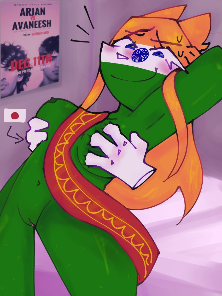 2girls big_breasts breast_grab cat_india countryhumans countryhumans_girl deltahyo grabbing_own_breast green_body green_skin hands india_(countryhumans) japan_(countryhumans) long_hair multiple_girls orange_hair