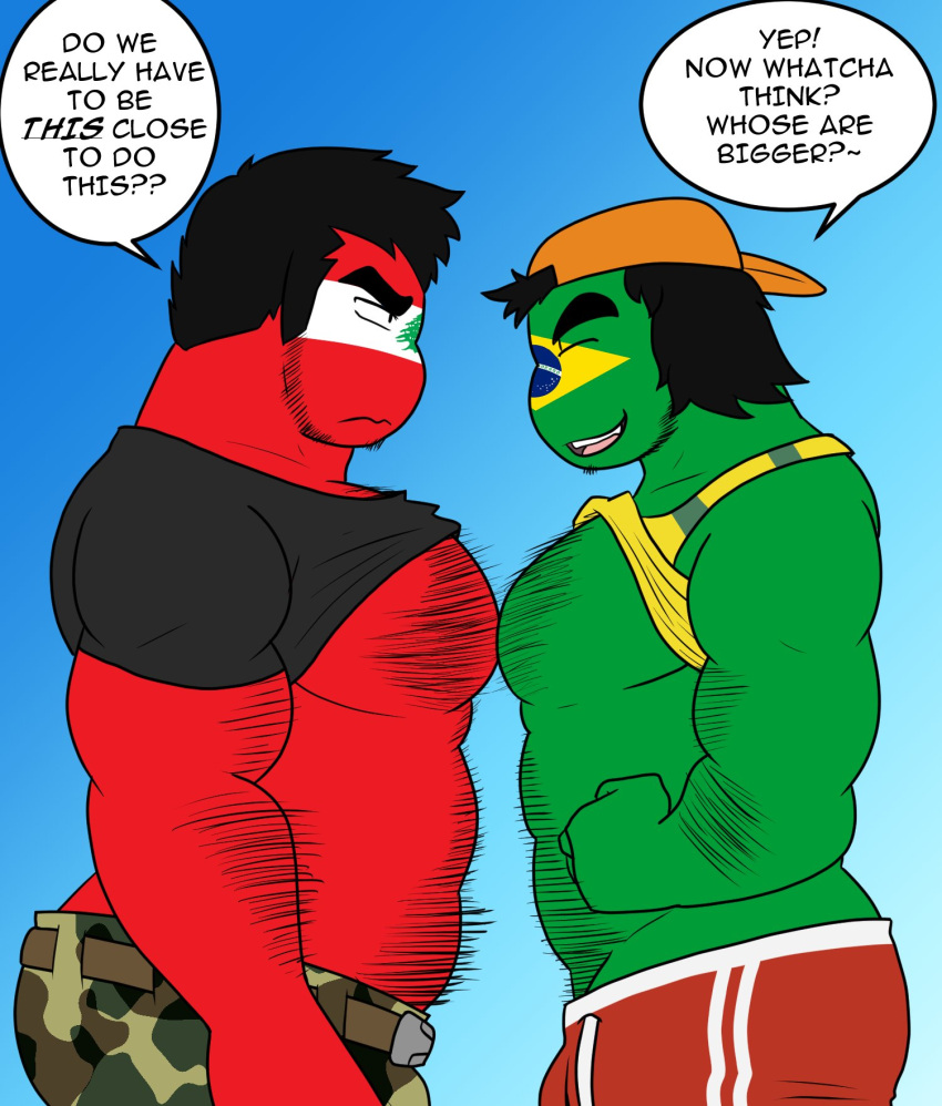 2boys ass big_ass body_hair braleb brazil_(countryhumans) bulge bulge_through_clothing countryhumans dialogue flagsafterdxxx gay lebanon_(countryhumans) lifting_shirt male male_only muscular muscular_male pecs