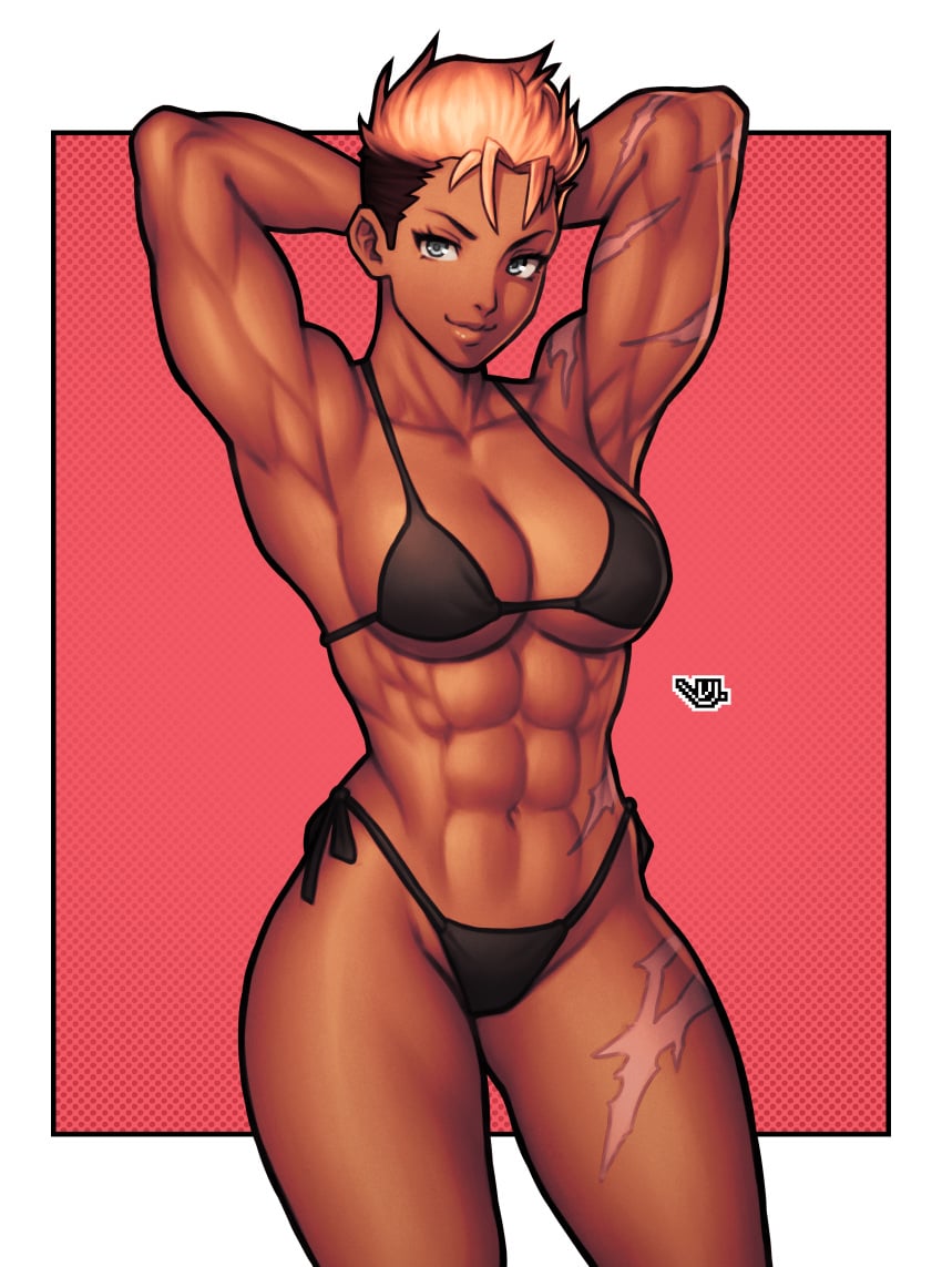 1girls absurd_res armpits arms_behind_head arms_up artist_logo artist_signature big_break! black_bikini black_hair blonde_hair blue_eyes borrowed_character brown_lips cleavage commission dark-skinned_female dark_skin hi_res kris_(ignitioncrisis) muscles muscular muscular_arms muscular_female navel scar serratus_anterior short_hair side-tie_bikini simple_background solo standing string_bikini two_tone_hair underboob undercut very_short_hair vj99