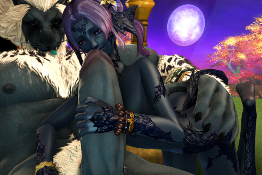 1boy 1girls 3d au_ra big_ass big_dom_small_sub blowjob fellatio female final_fantasy final_fantasy_xiv gnomercy gpose(ffxiv) hand_on_ass horns hrothgar huge_cock interspecies larger_male oral_sex pink_hair purple_eyes size_difference smaller_female tail tomoyo_taijiqo'a