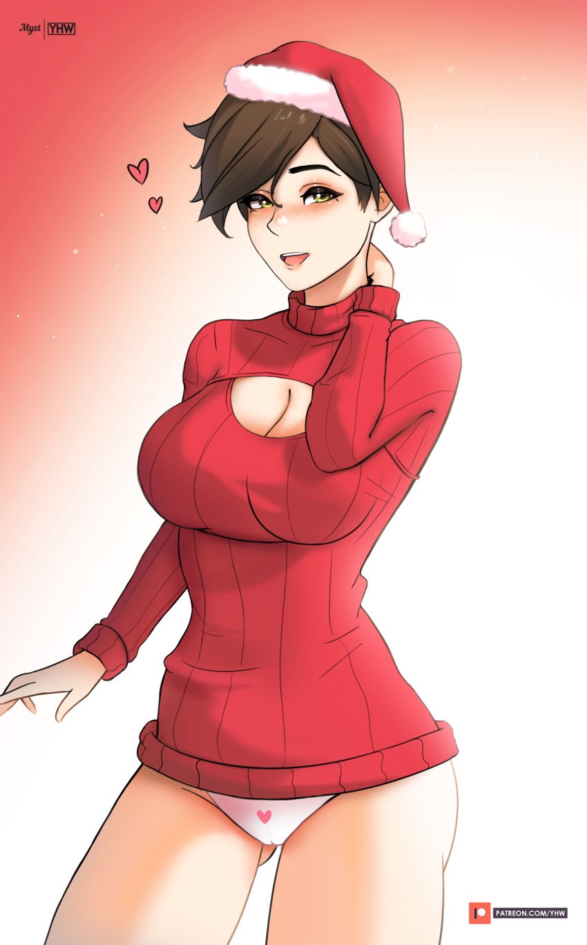 1girls blizzard_entertainment christmas christmas_clothing cleavage_cutout clothed clothing female keyhole_turtleneck looking_at_viewer myst overwatch panties smile smiling soft_shading solo solo_female sweater tracer yhw