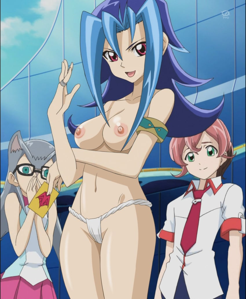 artist_request cathy_(yu-gi-oh!_zexal) edit female iii_(yuu-gi-ou_zexal) kamishiro_rio looking_at_viewer looking_forward medium_breasts navel nipples public_nudity rio_kamishiro smile surprised underwear yu-gi-oh! yu-gi-oh!_zexal