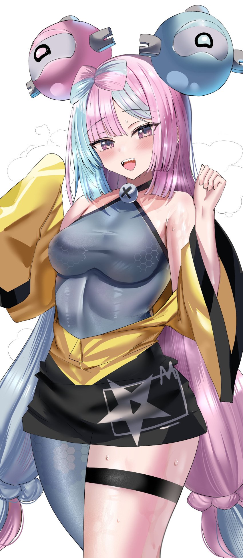 1girls blue_hair breasts clothed female gym_leader hanasaka_houcha iono_(pokemon) jacket long_hair long_sleeves medium_breasts nintendo pink_eyes pink_hair pointy_teeth pokemon pokemon_sv smile sweat sweaty_body thighs twintails two_tone_hair