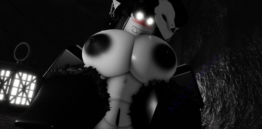 3d black_hair black_long_gloves black_thighhighs cave deep_owl_(deepwoken) deepwoken evil_grin glowing_eyes moosty naked pussy_out roblox roblox_game robloxian self_upload sharp_teeth showing_pussy sitting tagme white_skin