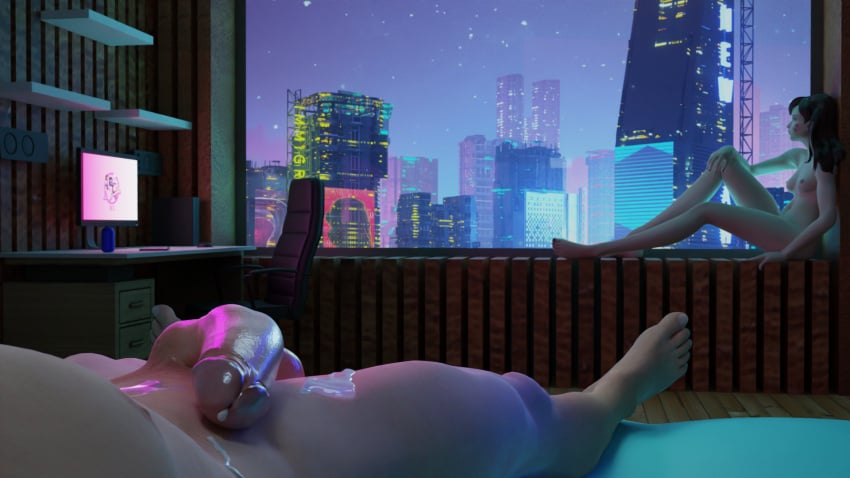 1boy 1girls 3d after_sex big_penis breasts city city_background cityscape cum cumshot cyberpunk d.va dripping dripping_cum feet future overwatch penis penis_awe penis_out perky_breasts perky_nipples post_climax_clarity post_cum post_orgasm relaxing scene toes wet