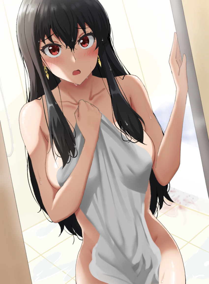 1girls bathroom black_hair breasts cleavage covering_breasts earrings large_breasts looking_at_viewer naked_towel poa_mellhen red_eyes spy_x_family toilet towel wet yor_briar yor_forger