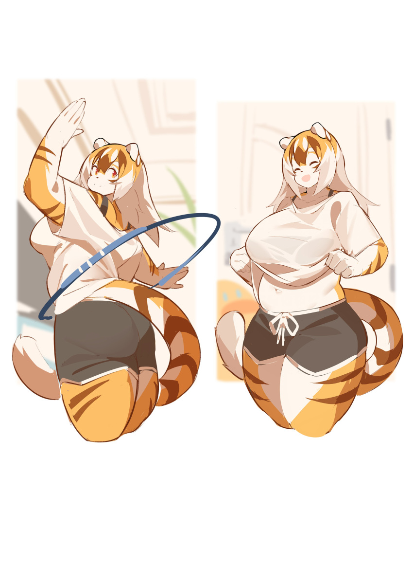 1girls amber_eyes anthro arknights aspirindabaitu big_breasts breasts closed_eyes female furry gym_shorts hourglass_figure hula_hoop hypergryph lifting_shirt long_hair looking_at_viewer multicolored_hair mx99926 orange_eyes solo solo_female sweat thick_thighs tiger tiger_ears tiger_girl tiger_tail waai_fu_(arknights) wet_shirt yostar