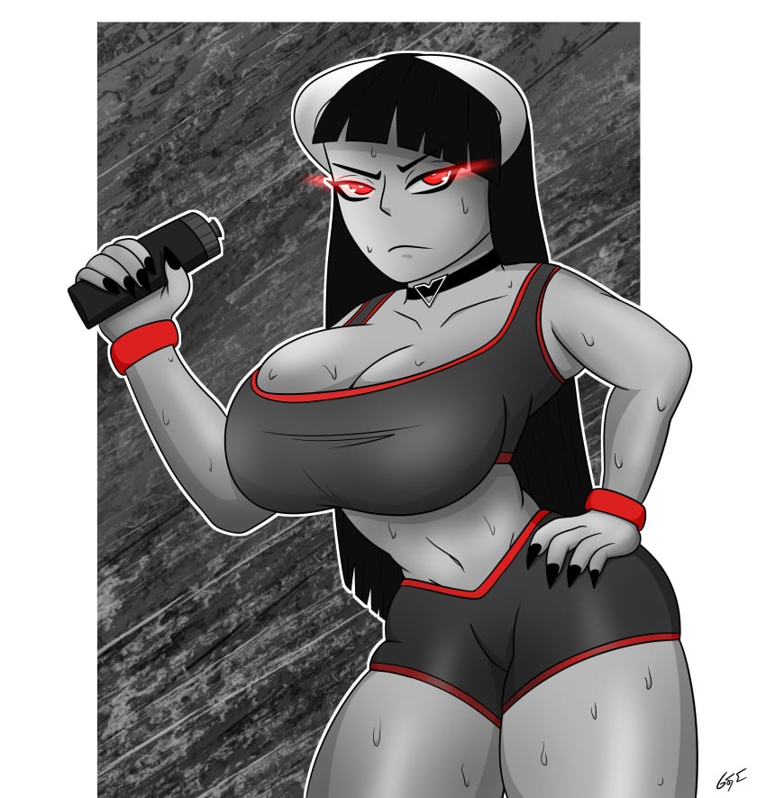 1girls big_breasts black_hair breasts choker cleavage female female_only frown g0regf horn horns huge_breasts long_hair looking_at_viewer phalia red_eyes shorts sports_bra sportswear succubus sweat thick_thighs workout workout_clothes wristband