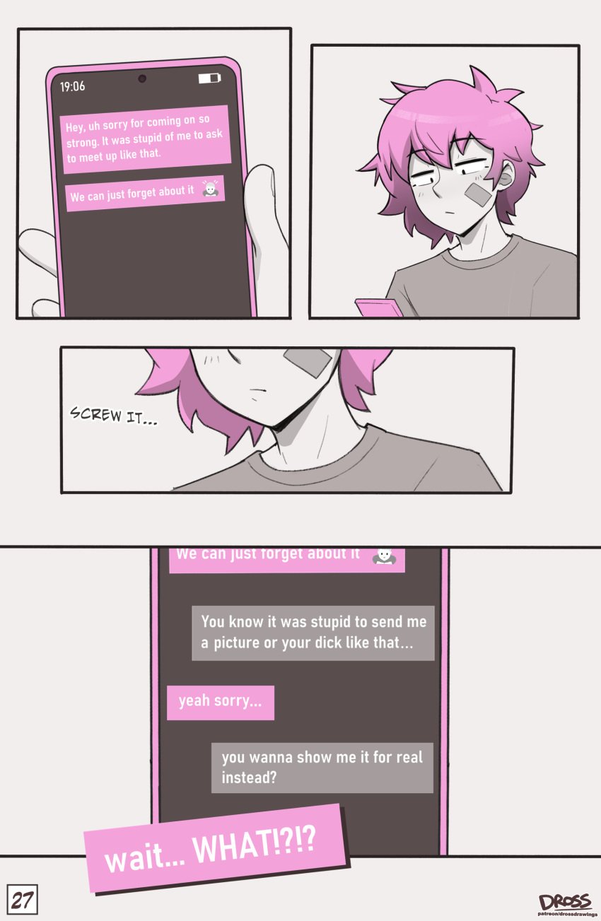 1boy clothing comic comic_page dialogue dross english_text grey_shirt male male_only monochrome page_27 page_number pink_hair shirt skater_boi_(dross) solo solo_male tagme taylor_(dross) text texting twink white_skin yaoi