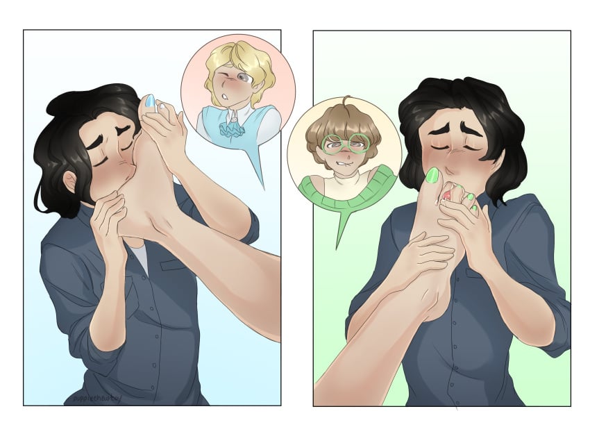 3boys black_hair blonde_hair car color femboy femboydom foot_fetish foot_focus foot_lick foot_worship gay ghia_(puppiechewtoy) gijinka glasses lance_(puppiechewtoy) licking male_feet male_only new_beetle_(puppiechewtoy) oc painted_toenails puppiechewtoy saliva speech_bubble tongue twink unusual_pupils