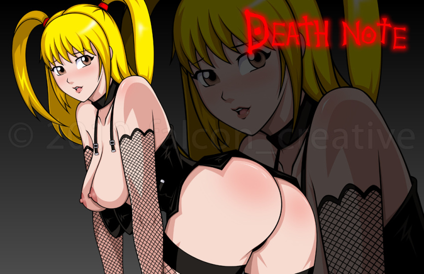 anus ass blonde_hair breasts dat_ass death_note falcon-creative female female_only human isreal_g._falcon large_breasts looking_back misa_amane nipples pointy_chin solo thighhighs thong