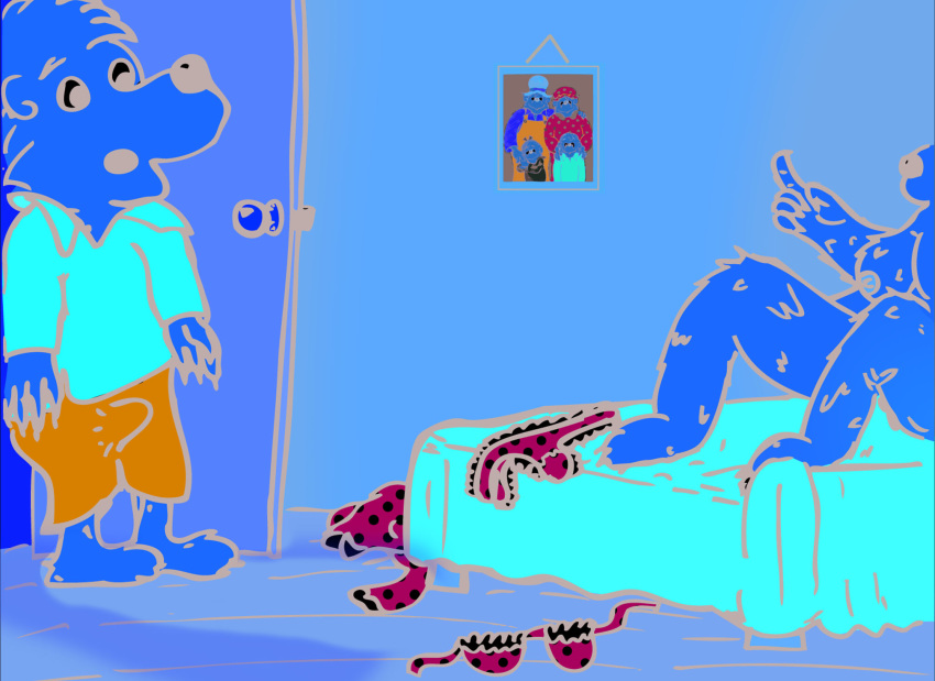 bear bedroom berenstain_bears blue_background bra breasts brother_bear_(character) come_hither erection false_color imminent_incest imminent_sex inviting mama_bear mammal mother_and_son nipples nude nudity on_bed open_door panties underwear