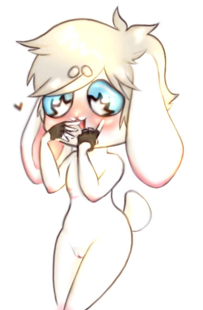 anthro blonde_hair blue_eyes blush bunny chibi cuntboy deu7erium fingerless_gloves furry gloves hands_up happy heart intersex lagomorph long_ears male male_only nipples open_mouth pink_pussy pubic_hair rabbit scar shiny short_hair solo_focus solo_male surgical_scar vagina white_fur