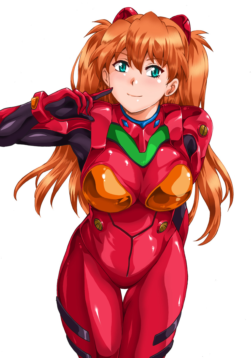 1girls armor asuka_langley_sohryu bimbo blue_eyes bodysuit breasts covered_nipples female happy hi_res jpeg manabe_jouji neon_genesis_evangelion orange_hair plugsuit red_armor red_bodysuit smile solo thick_thighs white_background wide_hips