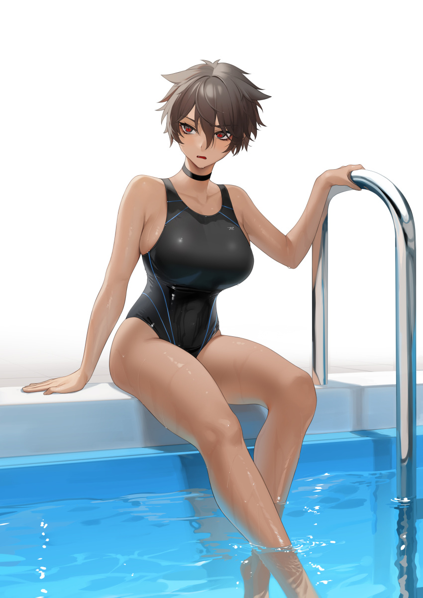 1girls black_choker breasts brown_hair choker dark-skinned_female female female_only hair_between_eyes highres large_breasts looking_to_the_side micchan_(ohisashiburi) ohisashiburi one-piece_swimsuit original original_character pool red_eyes short_hair simple_background sitting solo swimsuit tomboy very_short_hair water wet_skin