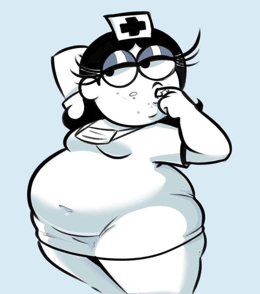 1girls 2021 arm_behind_head bbw belly black_hair breasts fat fat_female female finger_in_mouth nurse nurse_cap nurse_poptarts nurse_uniform overweight overweight_female pop-tart_girl pop-tarts small_breasts solitaryscribbles weight_gain