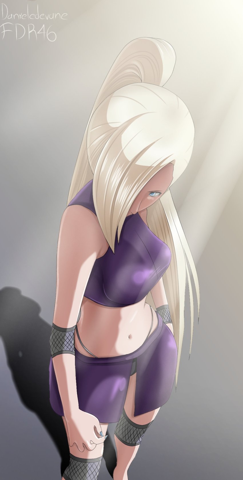 1girls bare_legs bare_shoulders barefoot big_breasts blonde_hair blue_eyes breasts busty danieledevane elbow_pads female_only from_above g-string hair_over_one_eye highleg highleg_panties hourglass_figure ino_yamanaka knee_pads nail_polish naruto naruto_(series) naruto_shippuden no_panties panties pinup pony ponytail standing teenage_girl teenager tied_hair very_long_hair viewed_from_above voluptuous wide_hips