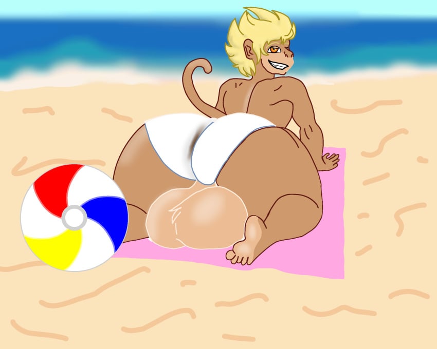 ass ball balls beach beach_ball big_butt blonde_hair bodily_fluids feces feet genitals hair haplorhine hi_res huge_butt hyper hyper_butt inflatable mammal monkey primate sand scat sea seaside skidmark smelly sweat tail towel water wide_hips