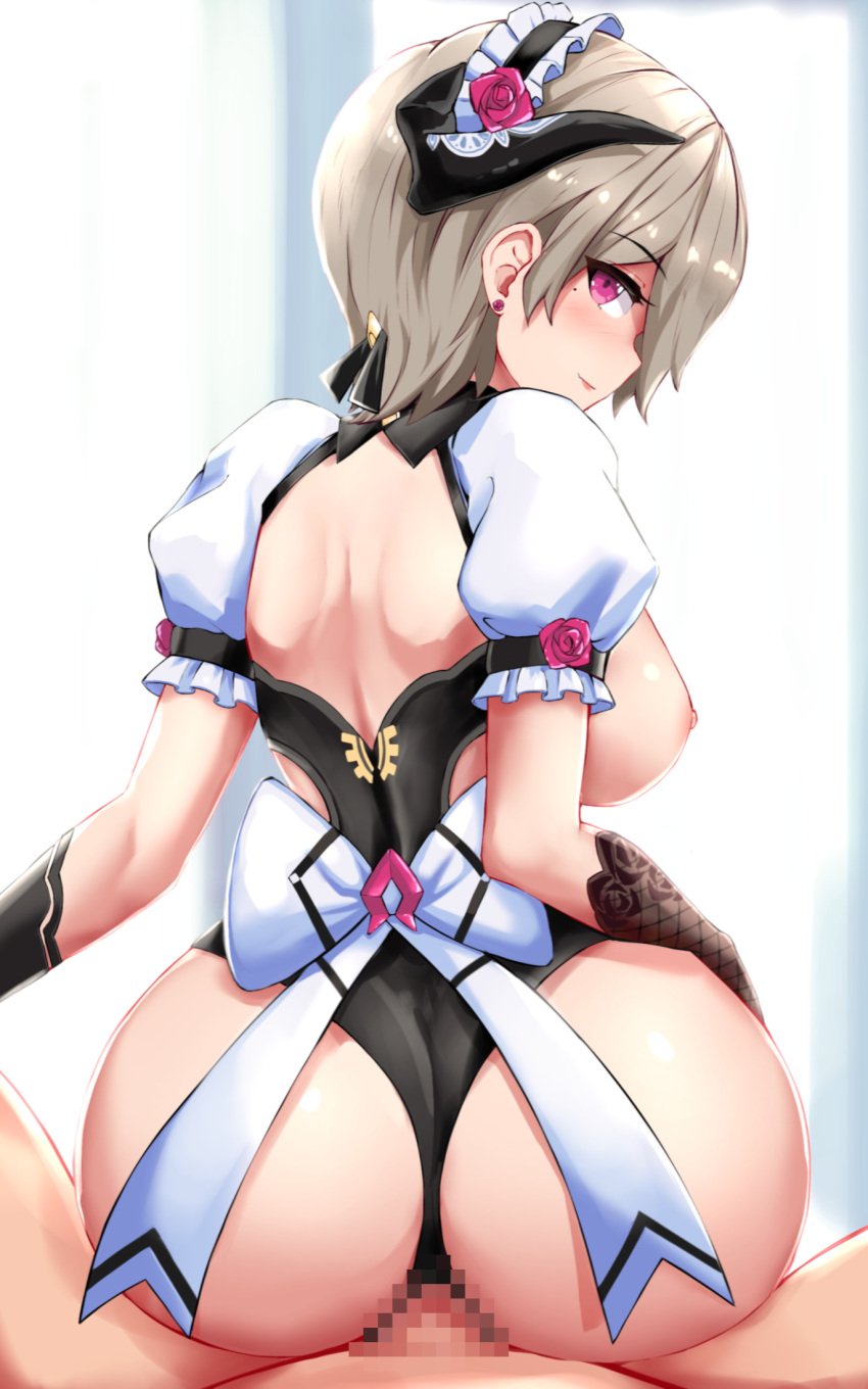 1boy 1girls ass asymmetrical_gloves backless_outfit black_leotard bottomless brown_hair captain_(honkai_impact) censored clothed_female_nude_male cowgirl_position earrings exposed_breasts flower gloves hair_ornament honkai_(series) honkai_impact_3rd horn large_breasts leotard light-skinned_female light-skinned_male light_skin looking_at_partner looking_at_viewer looking_back_at_viewer maid maid_headdress maid_uniform male_pov mosaic_censoring nipples penis pov purple_eyes reverse_cowgirl_position ribbon rita_rossweisse rita_rossweisse_(umbral_rose) rose sex sitting_on_person slash-ex smile straddling