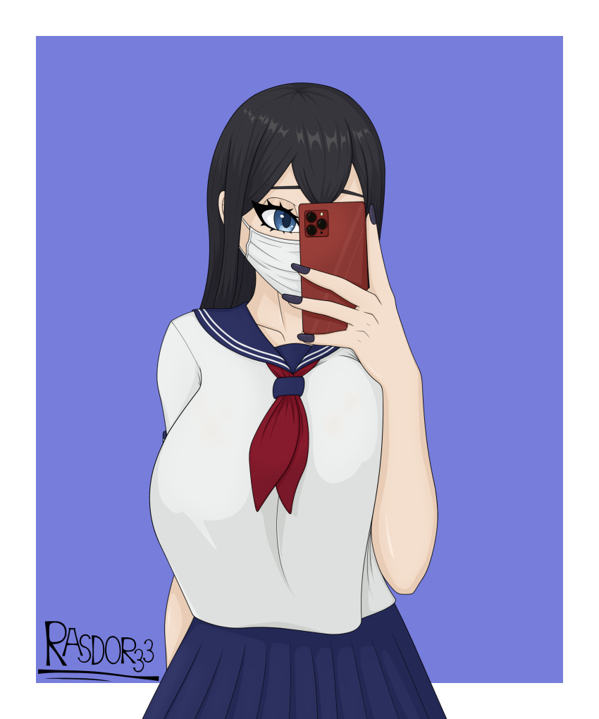 1girls big_breasts black_hair blue_eyes breasts long_hair mask original_character rasdor33 school_uniform schoolgirl selfie skirt watermark