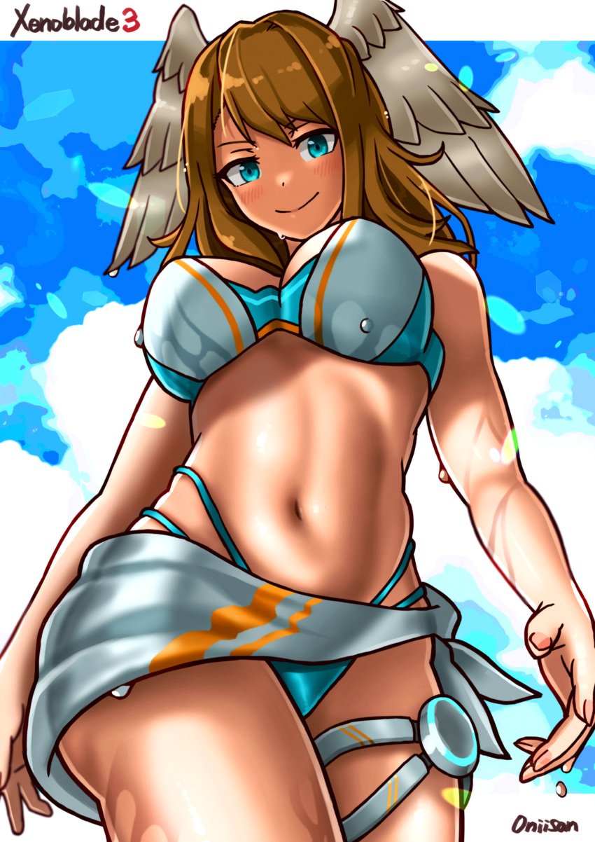 1girls angel_wings big_breasts bikini blue_bikini blue_eyes brown_hair busty eunie_(xenoblade) female female_only hi_res large_breasts legs navel oniisan02b sarong short_hair smile solo thighs toned wet xenoblade_(series) xenoblade_chronicles_3