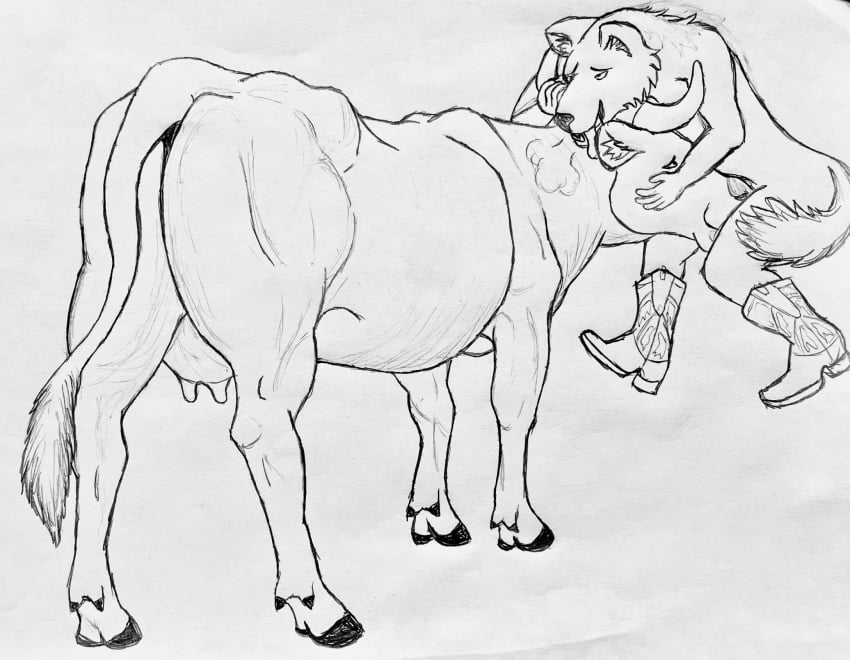 anthro anthro_on_feral anthro_penetrating anthro_penetrating_feral ass boots bovid bovine canid canine cattle clothing cow cowboy_boots duo face_fucking face_hugging face_mounting fellatio fellatio_from_feral female feral feral_penetrated footwear graphite_(artwork) head_in_crotch hgythshs hi_res holding_on horn horn_grab irrumatio larger_female larger_penetrated lift_job lifted looking_pleasured male male/female mammal monochrome mostly_nude oral oversized_oral pencil_(artwork) penetration penile sex size_difference size_play smaller_male teats traditional_media_(artwork) udders zoophilia