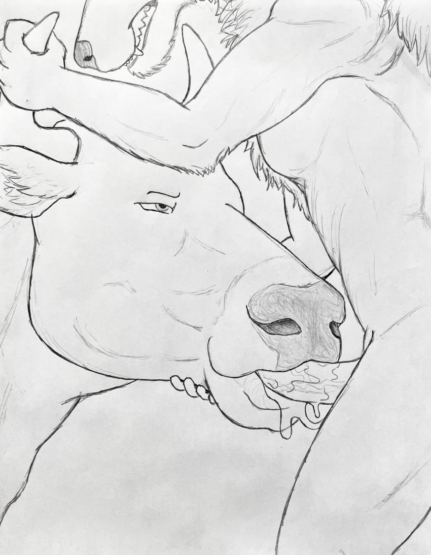 1boy1girl anthro anthro_on_feral anthro_penetrating anthro_penetrating_feral bodily_fluids bovid bovine canid canine cattle clenched_teeth dripping duo face_fucking face_mounting fellatio fellatio_from_feral female feral feral_penetrated genitals graphite_(artwork) head_grab hgythshs hi_res horn horn_grab irrumatio larger_female larger_penetrated male male/female mammal monochrome oral pencil_(artwork) penetration penile penis saliva saliva_drip saliva_on_penis saliva_string sex size_difference small_dom_big_sub smaller_male snout_grab teeth traditional_media_(artwork) zoophilia