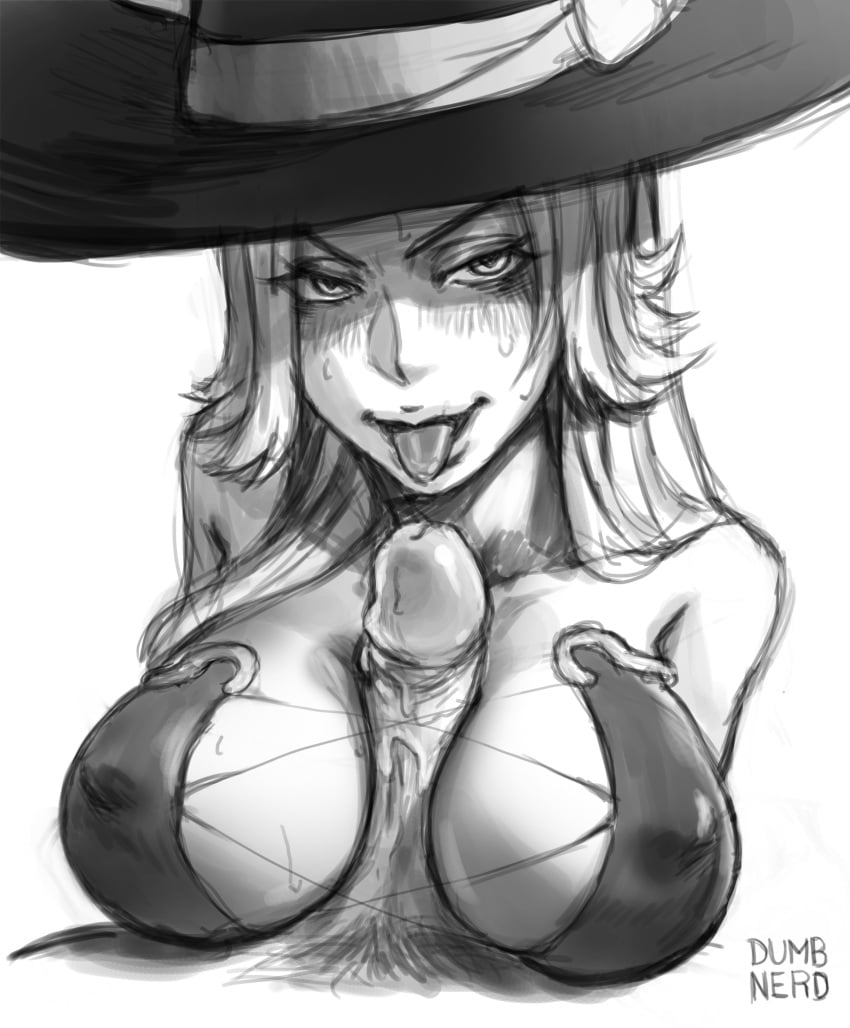 1boy 1boy1girl 1girls alternate_costume bleach breasts covered_nipples dumb_nerd duo large_breasts long_hair looking_at_viewer matsumoto_rangiku matsumoto_rangiku_(halloween) monochrome paizuri penis pov pov_paizuri straight strapless strapless_dress tongue_out witch_hat