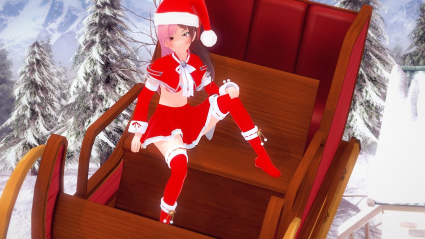 blush blush brown_eyes brown_hair christmas evergreen_tree green_eyeshadow hand_on_knee looking_at_viewer mountain neo_(rwby) pink_eyes pink_hair rwby sitting sleigh snow tree two_tone_hair