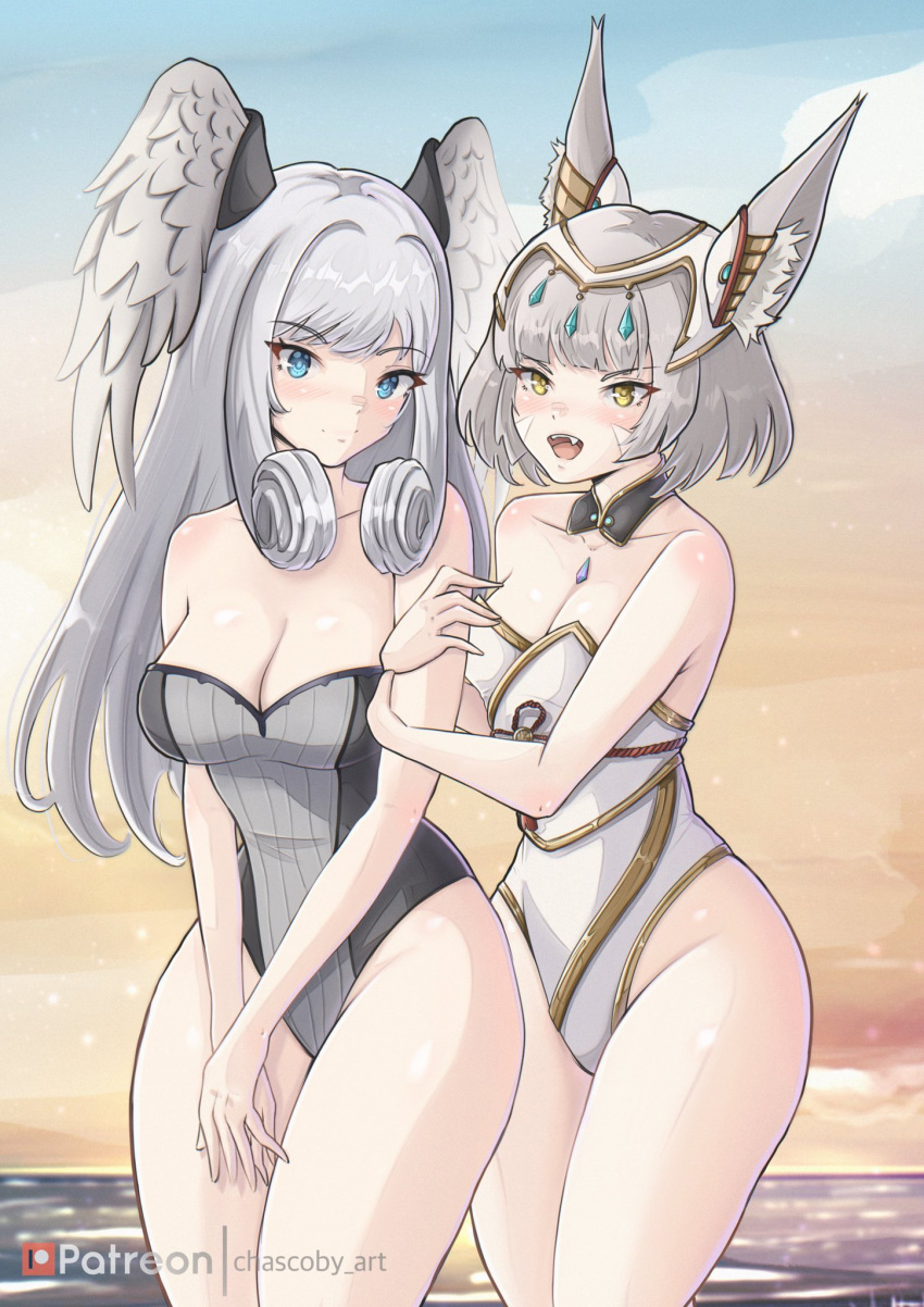 2girls beach bikini black_bikini black_swimsuit blue_eyes blush breasts cat_ears catgirl chascoby cleavage colored core_crystal crystal curvy curvy_female curvy_figure female female_only hourglass_figure large_breasts long_hair looking_at_viewer medium_breasts melia_antiqua monolith_soft nia nia_(xenoblade) nintendo ocean one-piece_swimsuit queen royalty short_hair silver_hair smile smiling swimsuit thick_thighs thighs very_long_hair white_bikini white_swimsuit wide_hips wings wings_on_head xenoblade_(series) xenoblade_chronicles_3 yellow_eyes yuri