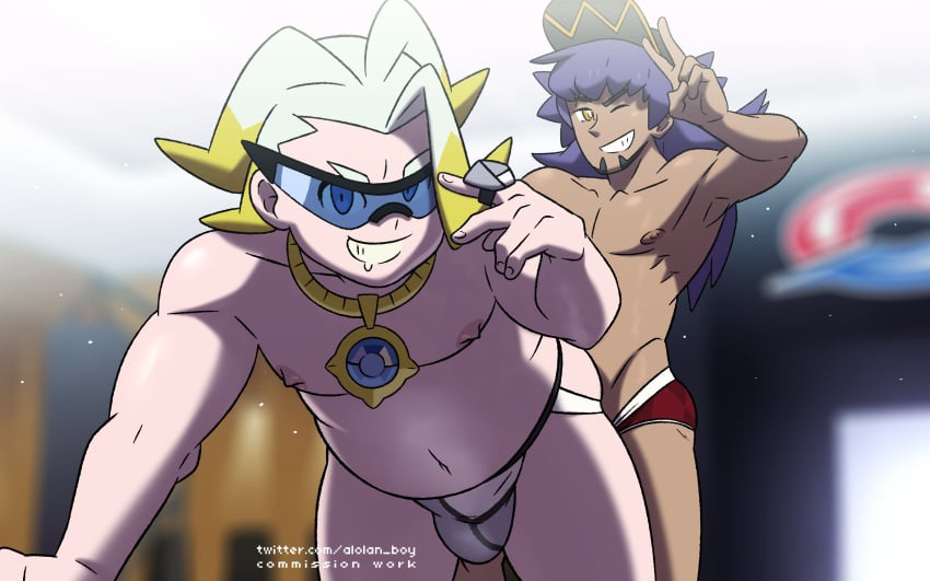 2boys alolan_boy anal anal_sex belly bent_over big_belly briefs bulge chubby fat from_behind gay glasses gordie_(pokemon) implied_penetration kyon_(artist) leon_(pokemon) male_only moobs overweight overweight_male peace_sign pokemon pokemon_ss wink yaoi