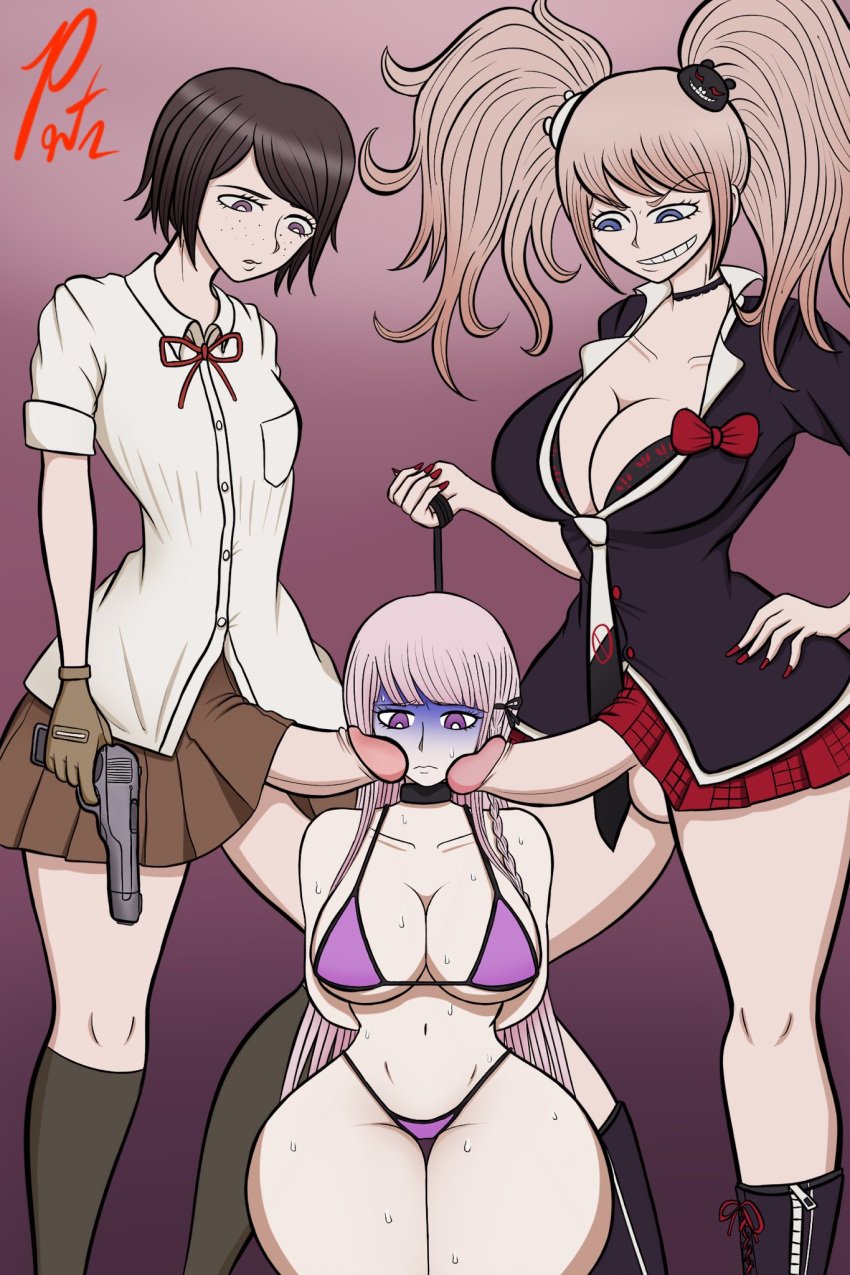 2futas 3girls asphyxiation balls bangs big_breasts big_penis bottomless breasts breath_play choke_collar choking clothed clothing collar cyanosis danganronpa danganronpa:_trigger_happy_havoc erection female futa_on_female futanari gun gun_play huge_hips human imminent_rape imminent_sex imminent_threesome junko_enoshima kirigiri_kyouko light-skinned_female light-skinned_futanari light_skin long_hair mostly_clothed mukuro_ikusaba nervous nervous_face penis penis_on_face pontapon prodding semi_incest sex_slave siblings sisters standing straight_hair thick_thighs wide_hips