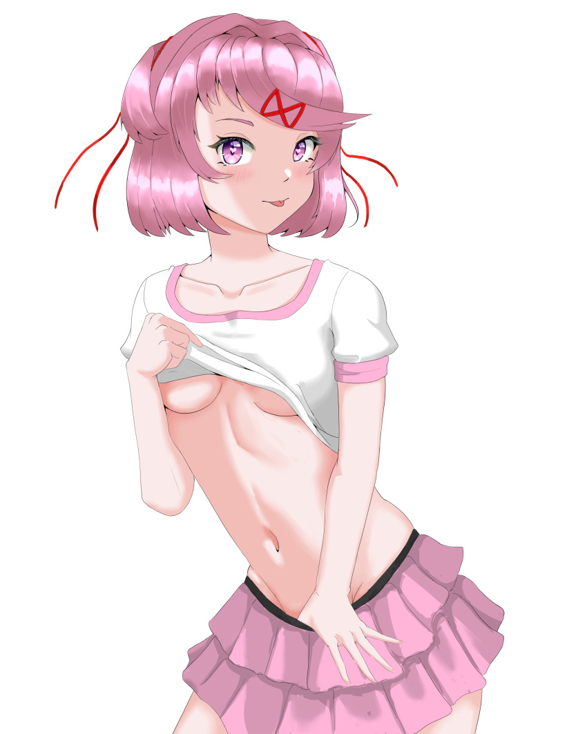 1girls doki_doki_literature_club eiji_zatsu female looking_at_viewer natsuki_(doki_doki_literature_club) pink_eyes pink_hair pink_skirt shirt skirt solo tongue tongue_out white_background white_shirt