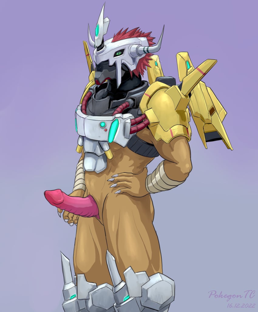 2022 absurd_res animal_genitalia anthro armor bandai_namco claws digimon digimon_(species) digital_media_(artwork) erection genital_slit genitals green_eyes hair headgear helmet hi_res horn looking_at_viewer male male_only muscular muscular_male pantsless penis pink_penis pokegontc pose red_hair simple_background slit solo standing wargreymon wargreymon_x x-digimon