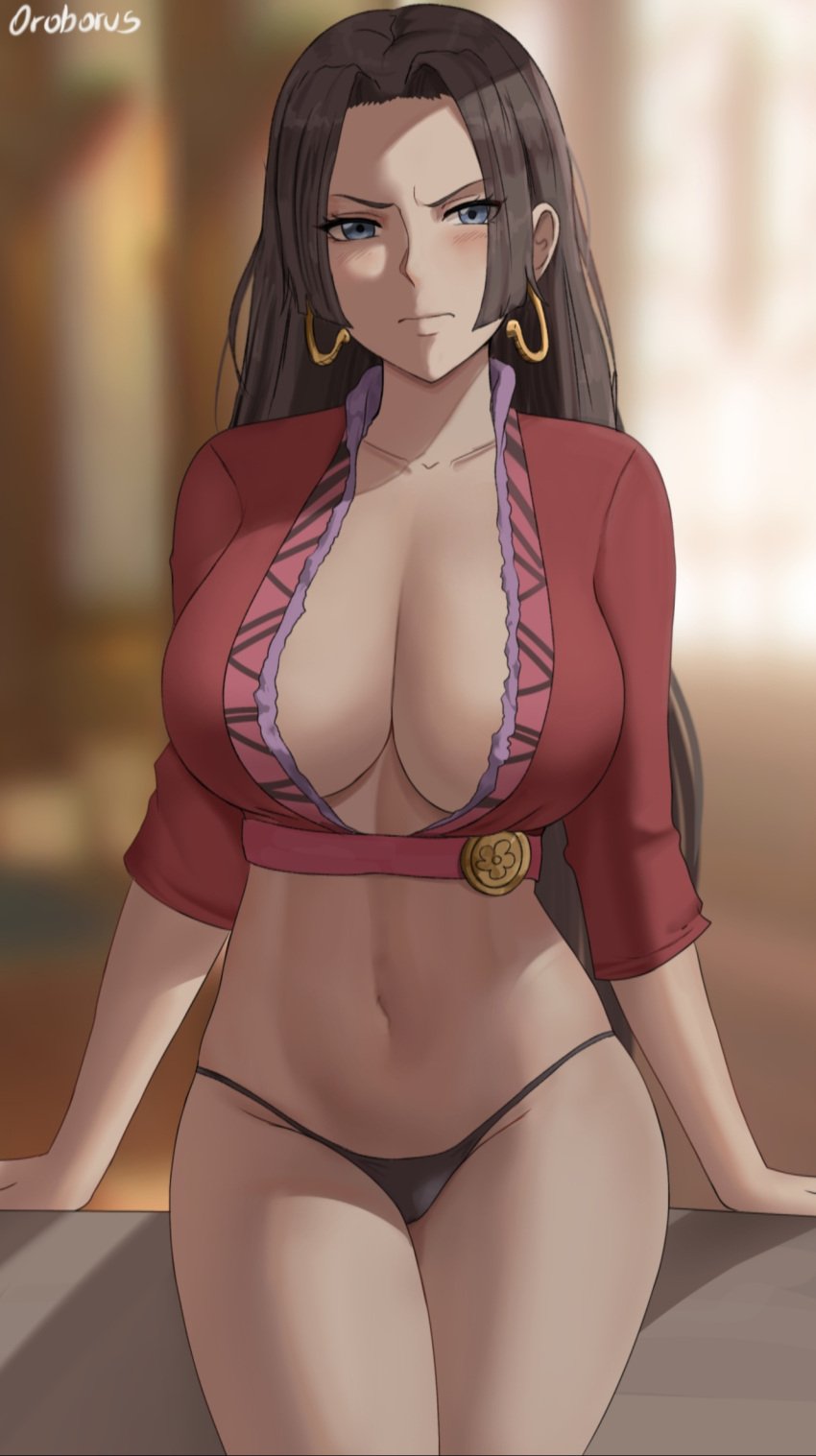 1girls angry black_hair black_thong blue_eyes boa_hancock breasts cleavage female female_only huge_breasts indoors light-skinned_female light_skin long_hair no_pants no_skirt one_piece oroborusart savagexthicc slim_waist thick_thighs thong wide_hips