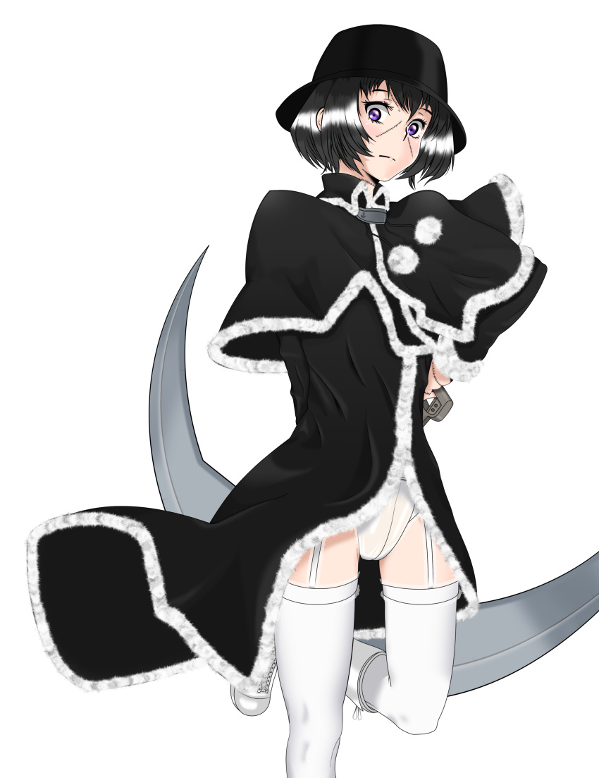 10s 1girls 2014 absurd_res black_hair boots bowler_hat derivative_work fackiuferpls female franken_fran garter_belt hat hi_res light-skinned_female light_skin looking_at_viewer madaraki_veronica mostly_clothed no_pants panties purple_eyes scythe short_hair solo standing stitches teenage_girl teenager thighhighs thighs transparent_background white_panties young