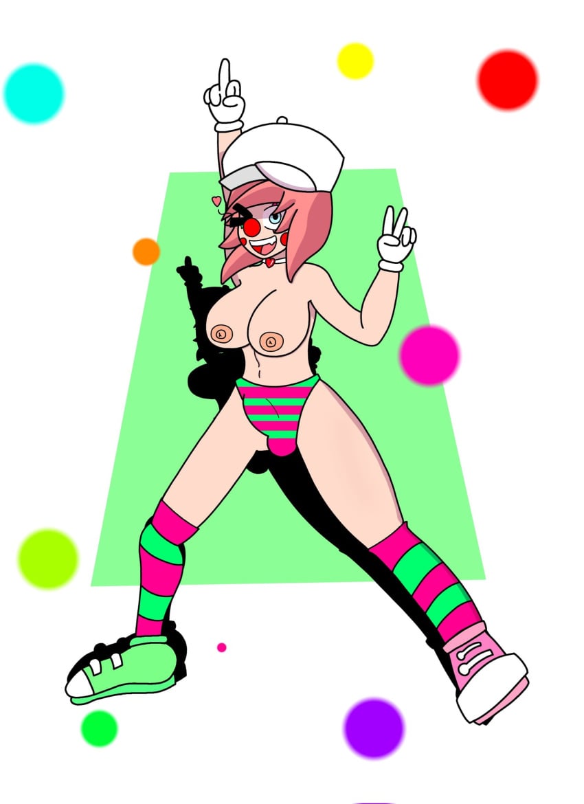 1futa areolae balls big_breasts blue_eyes breasts bulge clothed clothing clown clown_girl clowndia erection futa_only futanari happy hat human light-skinned_futanari light_skin looking_at_viewer mostly_nude nipples original_character panties pavinlu penis pink_hair socks solo striped_socks topless