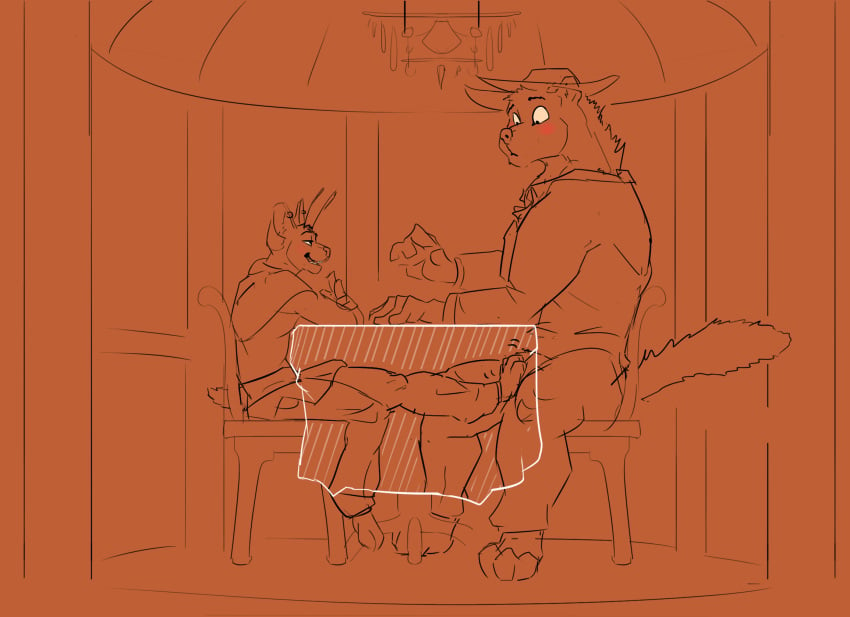 anthro bulge bulge_rubbing clothed clothing cricket_talot dungeons_and_dragons duo fek felid fully_clothed gazebo gnoll hasbro hat headgear headwear hi_res male male/male mammal restaurant surprise tabaxi tablecloth thacharay_weeds through_clothing under_table_footjob wizards_of_the_coast