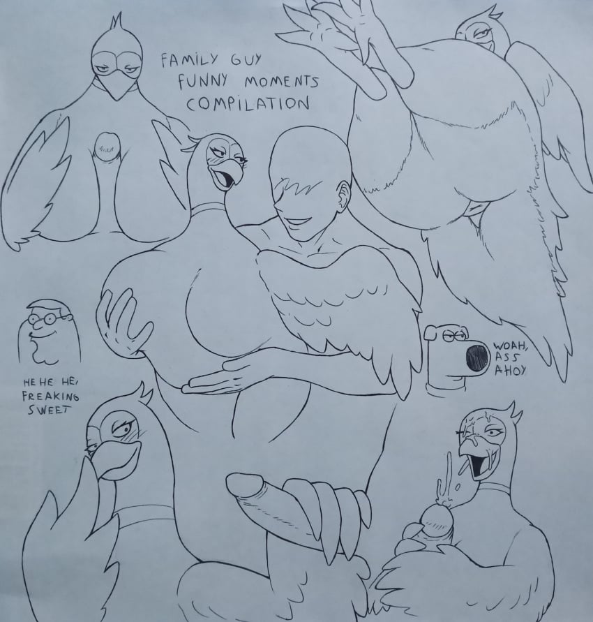 2022 absurd_res animal_genitalia avian beak bird blush bodily_fluids breast_play breasts brian_griffin canid canine canis cloaca common_pheasant cum cum_on_beak cum_on_face domestic_dog family_guy female galliform genital_fluids genitals handjob hi_res human human_on_semi-anthro male male/female mammal paizuri penile perrox peter_griffin phasianid phasianus pheasant_on_the_glass semi-anthro sex talons titfuck titjob traditional_media_(artwork) wings zoophilia