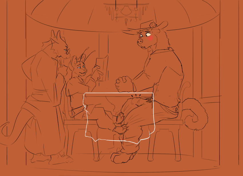 anthro bulge clasped_hands clothing cricket_talot dragonborn_(dnd) dungeons_and_dragons fek felid gazebo gnoll group hasbro hat headgear headwear hi_res male male/male mammal menu ordering_food paws restaurant tabaxi thacharay_weeds trio under_the_table waiter wizards_of_the_coast