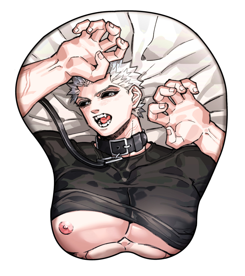 babulon big_pecs black_sclera boob_mousepad collar fangs kengan_(series) kengan_ashura kure_raian leash looking_at_viewer male male_only mousepad on_back open_mouth pecs shirt_up slit_pupils solo very_short_hair white_hair