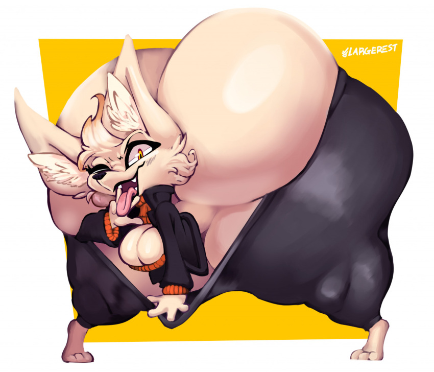 1girls anthro ass ass_bigger_than_body ass_bigger_than_head breast brown_hair canine canine_humanoid cleavage female female_focus female_only fennec furry hips hyper hyper_ass large_ass large_breasts largerest leaning_forward sweater tan_fur tan_hair thick_thighs thighs tiffy_finick tongue tongue_out wide_hips yellow_eyes