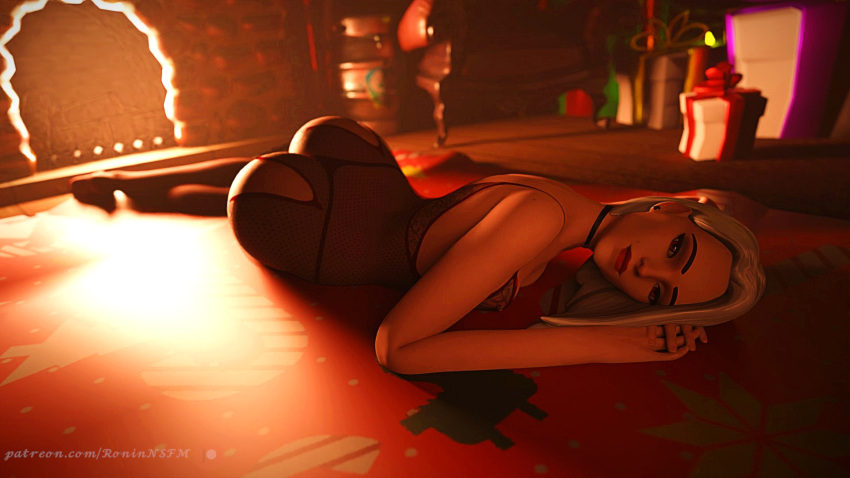 1girls 3d american ashe_(overwatch) ass blizzard_entertainment bob_cut butt chocker christmas christmas_present dat_ass elizabeth_caledonia_ashe eyelashes eyeshadow female fireplace fishnet_legwear fishnet_pantyhose fishnets looking_at_viewer medium_hair overwatch pale-skinned_female petite red_eyes red_lipstick rug seductive_eyes seductive_look seductive_mouth short_hair white_hair xxroninxx