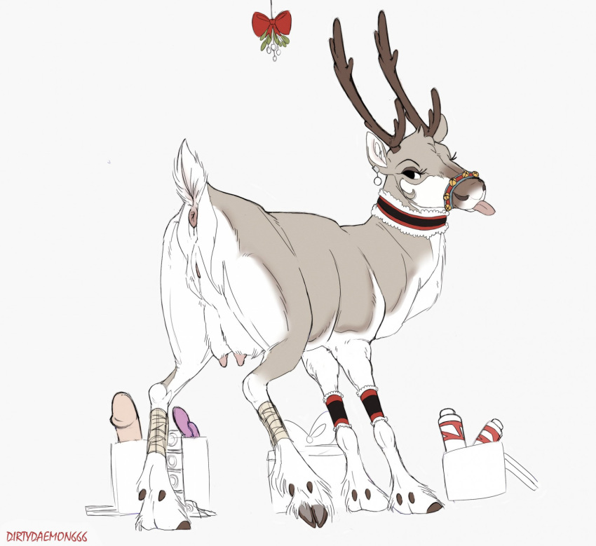 2022 anatomically_correct anatomically_correct_genitalia anatomically_correct_pussy animal_genitalia animal_pussy antlers anus ass bedroom_eyes bodily_fluids capreoline christmas christmas_clothing clothing crotchboobs daemon_lady deer dripping eyebrows eyelashes female feral genital_fluids genitals hi_res holidays hooves horn looking_back mammal narrowed_eyes one_leg_up presenting presenting_anus presenting_hindquarters presenting_pussy pussy pussy_juice pussy_juice_drip pussy_juice_string raised_leg raised_tail reindeer seductive simple_background solo tongue tongue_out vixen_(reindeer)