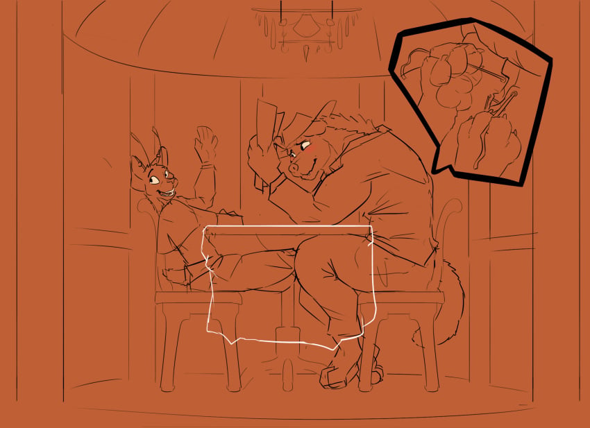 anthro clothing cricket_talot dungeons_and_dragons duo embarrassed fek felid gazebo gesture gnoll hasbro hat headgear headwear hi_res male male/male mammal pawpads paws restaurant tabaxi tablecloth thacharay_weeds under_the_table undoing_clothing waving wizards_of_the_coast