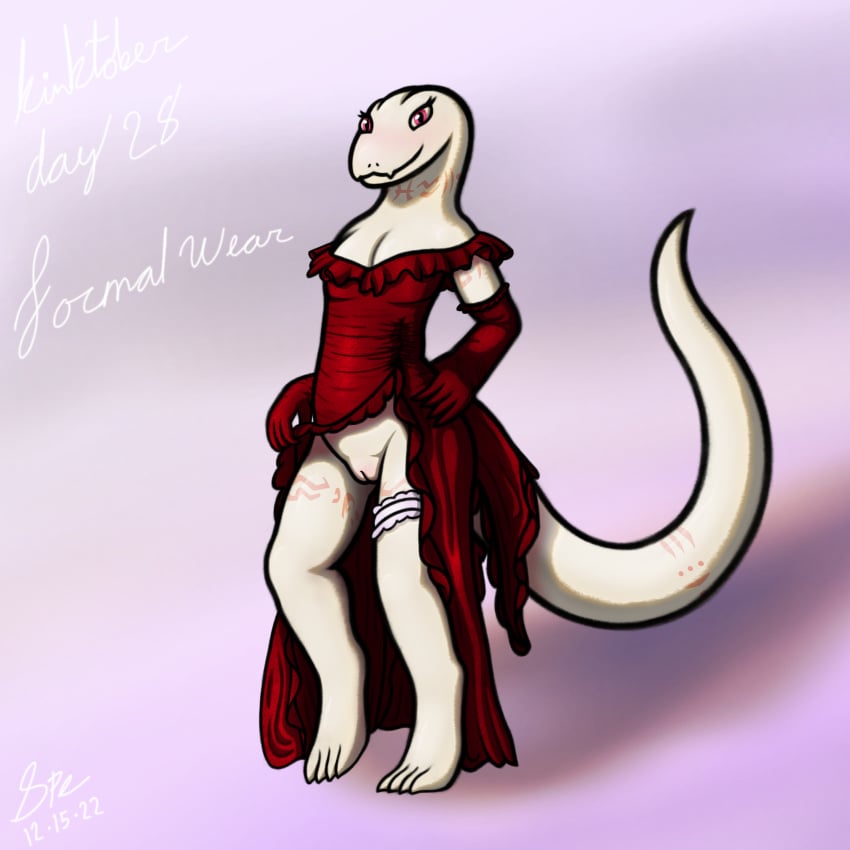 1:1 2022 4_toes 5_fingers absurd_res accessory albino anthro arm_tattoo armwear big_tail blush body_blush cel_shading clothed clothing clothing_aside clothing_lift crusch_lulu cute_fangs dated digital_drawing_(artwork) digital_media_(artwork) digitigrade dress dress_aside dress_lift elbow_gloves english_text evening_gloves evening_gown eyelashes fancy_clothing feet female fingers flat_chested formal formal_dress formal_wear front_view garter genitals gloves hand_on_hip handwear hi_res humanoid_hands kinktober leg_tattoo lizard lizardman_(overlord) long_tail looking_at_viewer neck_tattoo no_underwear orange_tattoo overlord_(maruyama) page_28 partially_clothed pupils purple_background pussy pussy_blush red_armwear red_clothing red_dress red_elbow_gloves red_eyes red_gloves red_handwear reptile ruffled_dress scales scalie shaded shadow signature simple_background slit_dress slit_pupils smile smiling_at_viewer snout solo spe strapless_clothing strapless_dress tail_tattoo tapering_tail tattoo text thick_tail thick_thighs thigh_tattoo toes tribal tribal_tattoo white_body white_garter white_pussy white_scales wide_hips