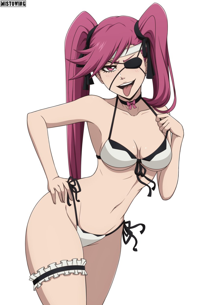 1girls bikini bleach bleach:_the_thousand-year_blood_war choker curvy eyepatch female female_only mistowing petite purple_hair saitou_furoufushi solo thighband tongue_out twintails wide_hips