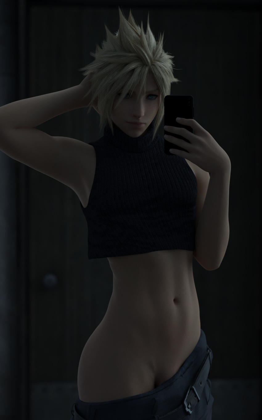 1boy 3d armpits blonde_hair blue_eyes cloud_strife crop_top emberstock femboy final_fantasy final_fantasy_vii final_fantasy_vii_remake gay girly light-skinned_femboy light-skinned_male light_skin male male_only midriff pretty_boy selfie smile solo tank_top trap twink yaoi